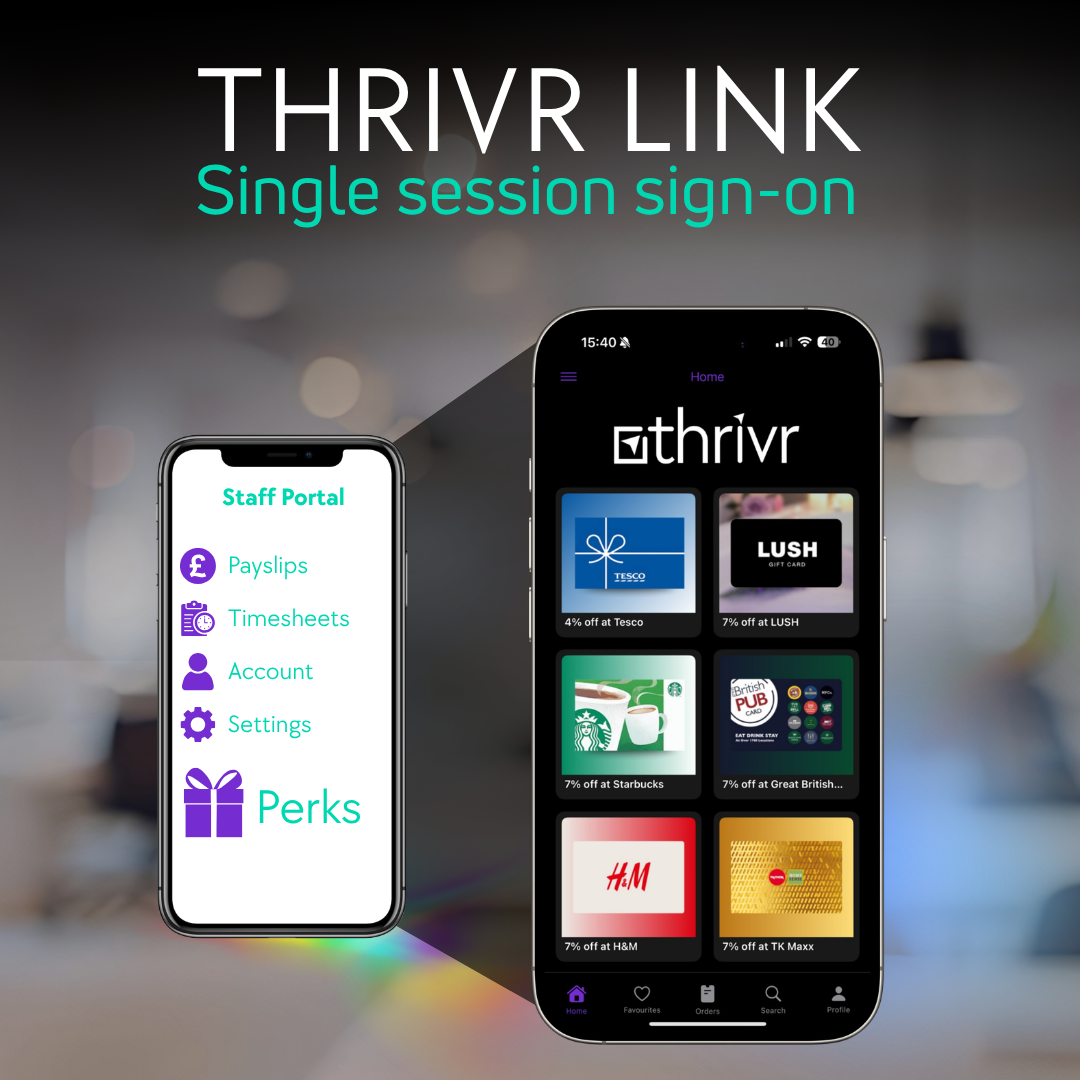 A staff portal menu with a Perks option opening the Thrivr rewards app